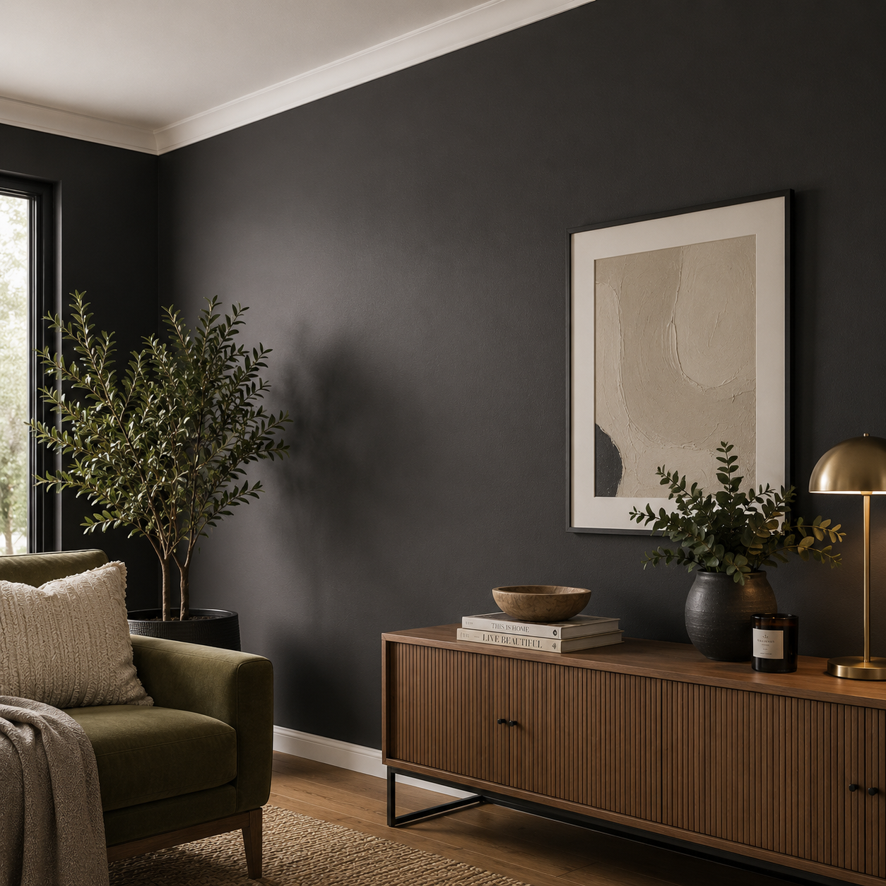 Completed charcoal living room feature wall