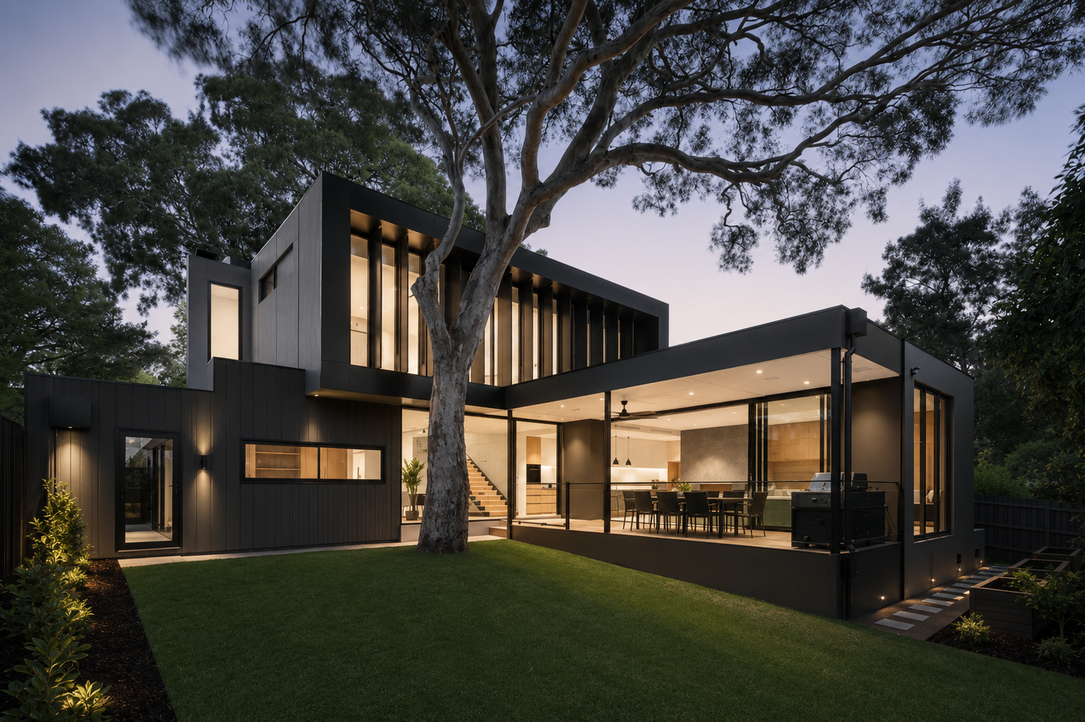 Modern twilight home with a charcoal exterior