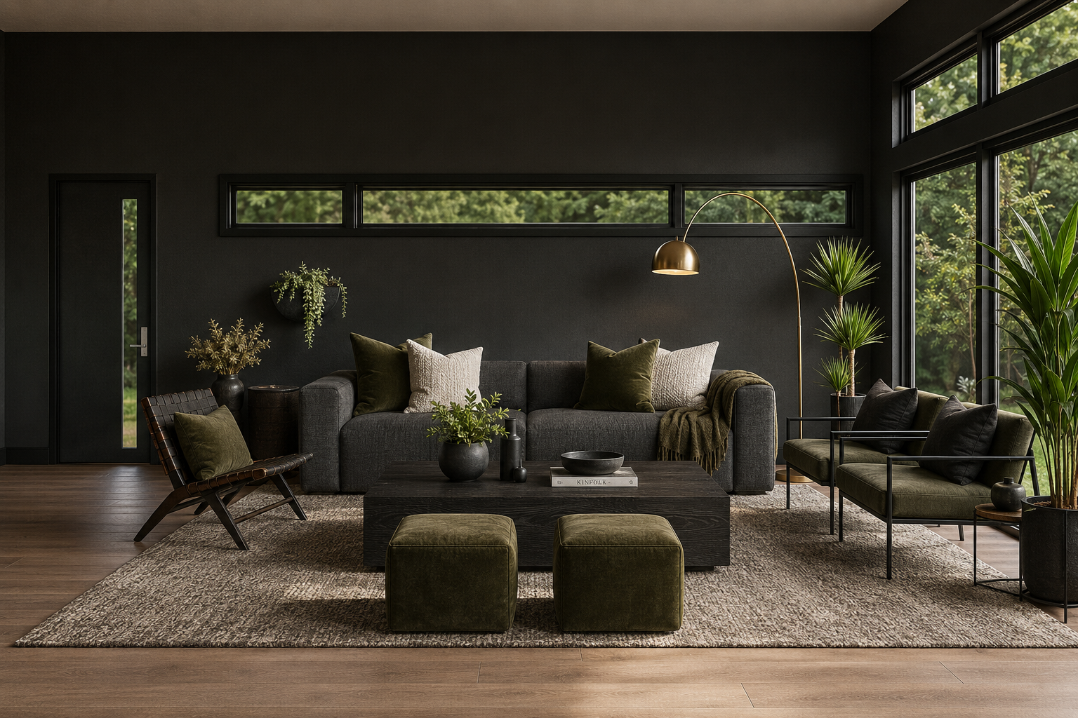Moody modern living room with a charcoal feature wall and greenery