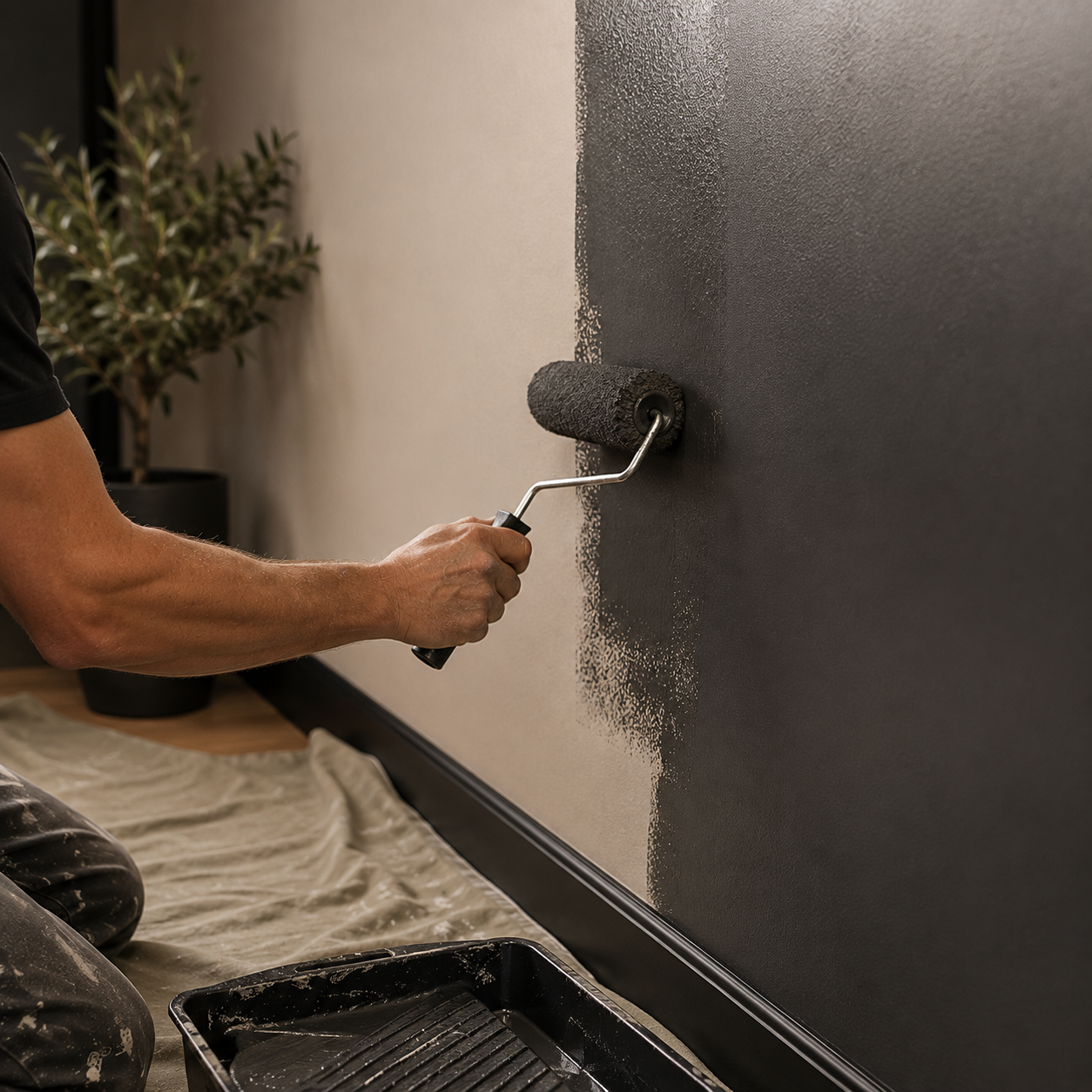 Painter applying charcoal paint with a roller
