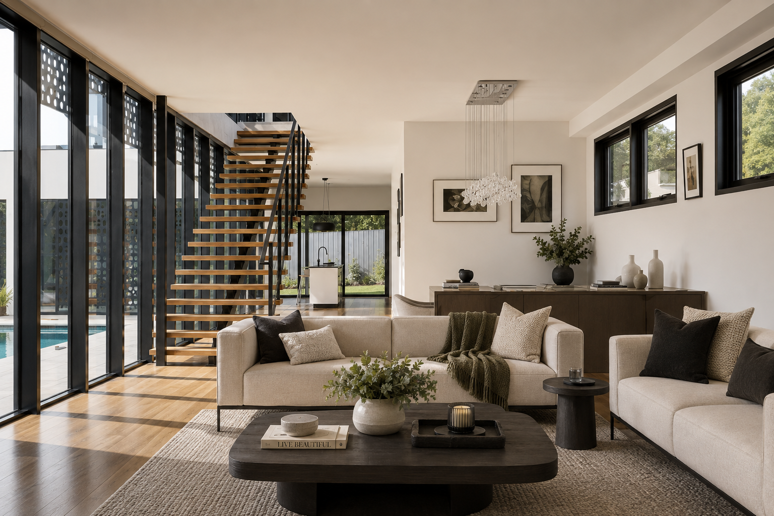 Sunlit minimalist living room with a refined painted interior